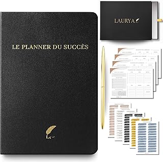 Planner Français de productivité, Semainier, Planning annuel mensuel journalier,agenda non daté, coffret cadeau stickers affirmations positives, to do list, bullet journal pre rempli (4 mois) (Noir)