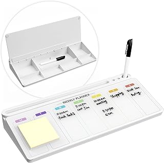 Navaris Petit Tableau Blanc Effacable - Tableau Blanc en Verre pour le Bureau - Marqueur Effacable à Sec Inclus - Portable et Facile à Monter - Espace de Rangement et Semainier